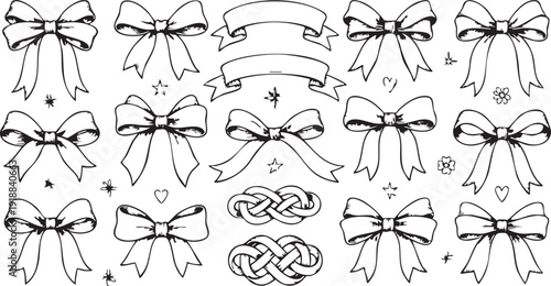 Set of hand drawn ribbon bows and banners in vintage sketch style on transparent background