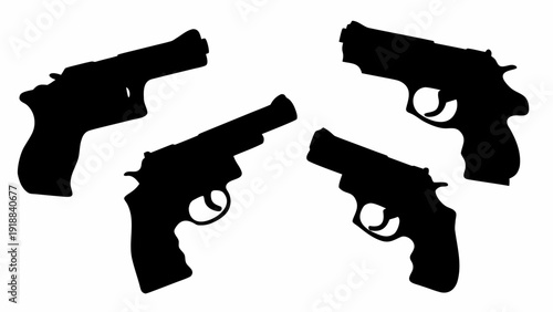 Silhouette depiction featuring four revolvers arranged against a white background in a simple layout | editable eps vectors