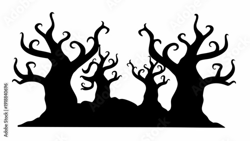 Silhouette illustration of a spooky forest with twisted black trees against a white background scene | editable eps vectors