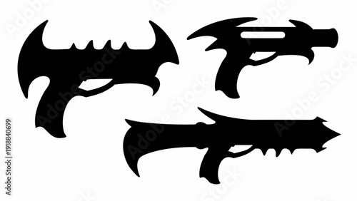 Three stylized black ray guns with unique designs and sharp edges on a white background image display | editable eps vectors