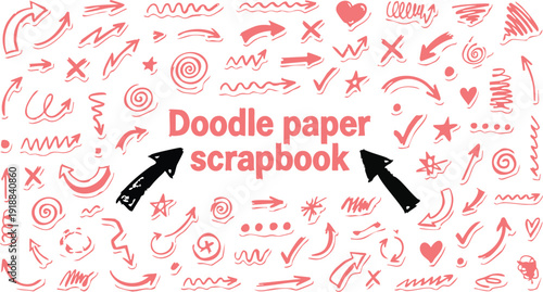 Doodle paper scrapbook collection of hand drawn arrows hearts crosses checks swirls and circles