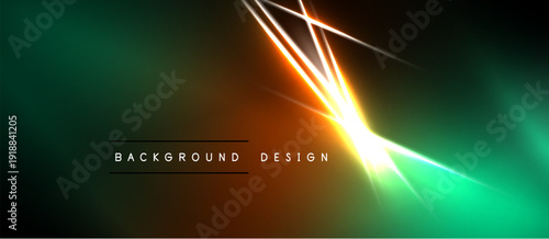 Abstract background features vibrant neon lines, gradients. Orange glow intersects green hues, creating dynamic visual effect. Text reads background design.