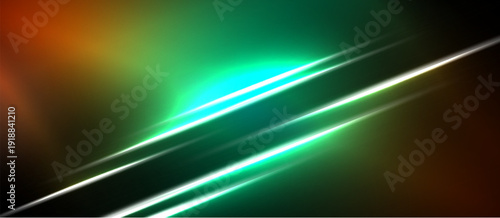 Abstract vibrant lines intersect dark background. Green, orange hues create dynamic visual effect. Bright glow emanates from central point.