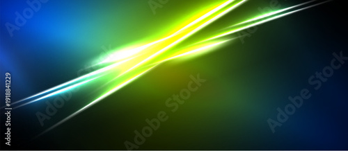 Abstract energy streaks, vibrant blues, greens, yellows. Dynamic light effects create futuristic impression. Smooth gradients dominate composition.