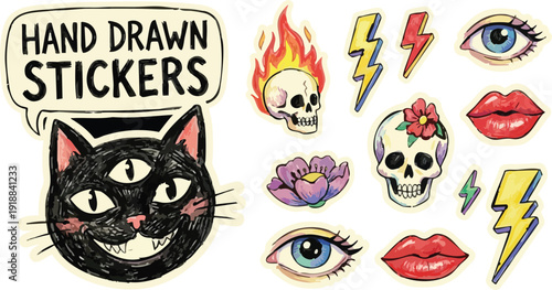 Collection of hand drawn stickers featuring three-eyed cat, flaming skull, lightning bolts, eyes, lips, and flowers