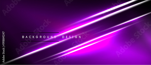 Abstract purple background features bright neon lines. Modern design elements create dynamic visual impact. Simple text overlay present.
