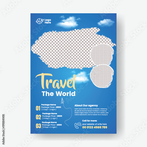 Travel agency A4 print ready travel flyer vector template for summer holiday vacation promotion, modern tour poster design for tourism marketing, editable brochure cover and leaflet