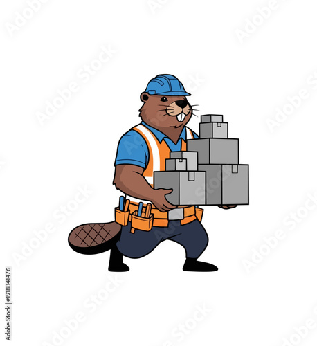 Cartoon beaver builder carrying boxes isolated on black