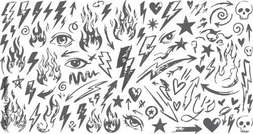 Street art style hand drawn doodles with fire lightning and eyes