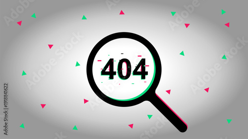 Magnifying glass searching for 404 error code with glitch effect and scattered triangles on a grey background