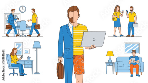 Hybrid work concept after the COVID-19 crisis, featuring employee characters choosing to work remotely from home, including business men and women in modern work-from-home scenarios