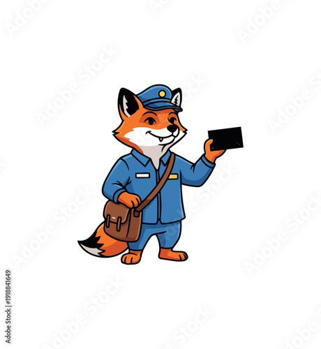 Cartoon fox postman delivering letter illustration on black