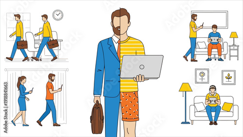 Hybrid work concept after the COVID-19 crisis, featuring employee characters choosing to work remotely from home, including business men and women in modern work-from-home scenarios