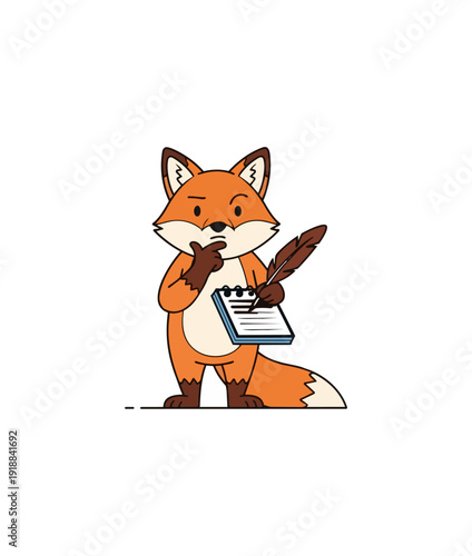 Cartoon fox writing thinking illustration