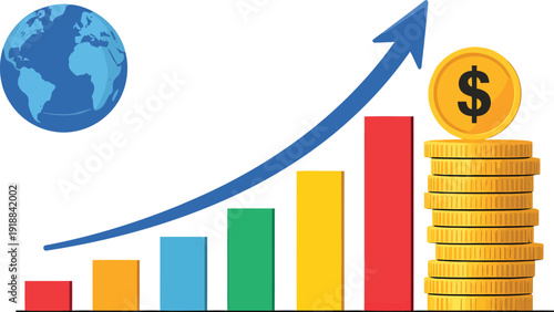 Global economic growth visualized through a rising bar chart indicating increasing financial success marked by a towering stack of golden dollar coins reaching toward success