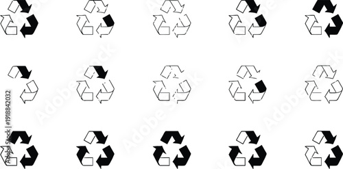 Collection of fifteen distinct artistic interpretations of the universal recycling symbol demonstrating various styles of line work and solid fills for environmental graphics.