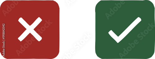 Simple graphic representation of a large red cross mark indicating failure or denial beside a vibrant green checkmark signifying success or agreement choice selection
