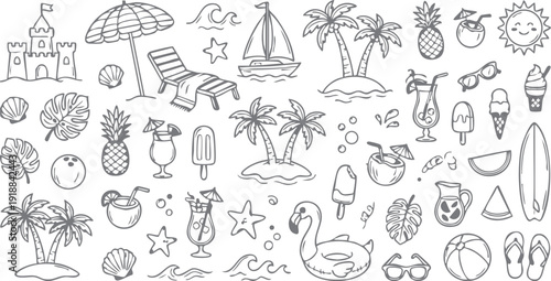 Summer beach doodle pattern, hand drawn sketch design with vacation elements