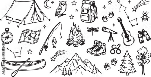 Wilderness adventure and night camping doodles with celestial elements and hiking gear