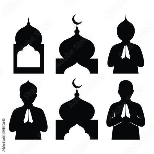 Silhouettes of people praying in front of mosques and crescent moons isolated on white background, Vector
