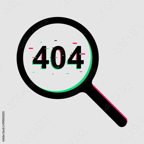Magnifying glass with glitch effect displaying 404 error code, symbol of lost connection or page not found