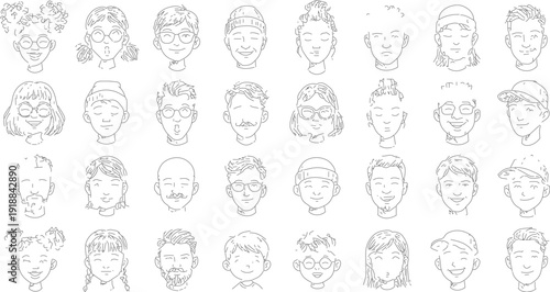 Diverse faces of people with different hairstyles and expressions