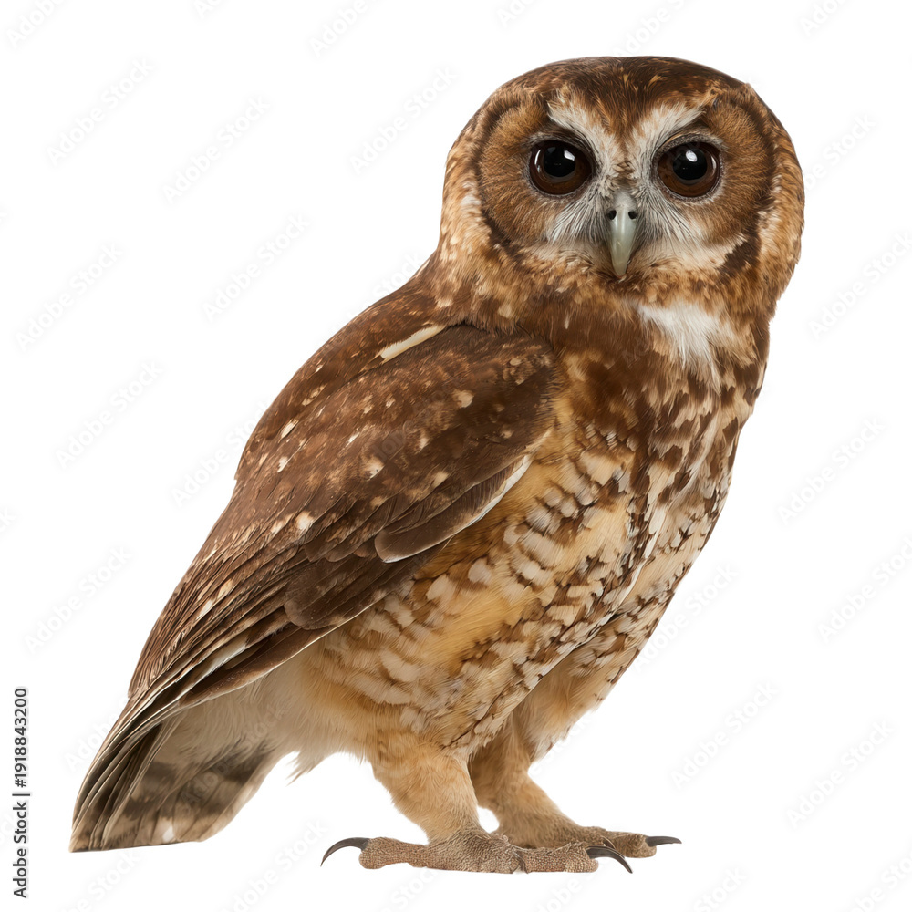 Obraz premium Young fluffy brown owl with white spots stands isolated on a pure transparent background. Its large dark eyes gaze forward, and small hooked talons grasp the surface. A calm bird.