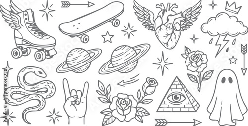 Retro and vintage elements like roller skates, planets, snake, and roses