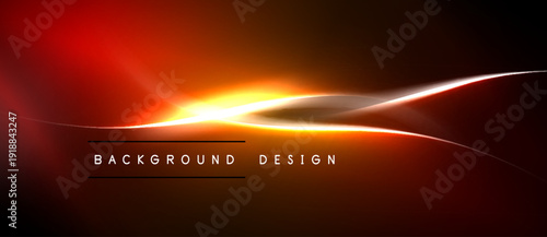Abstract background features vibrant orange, yellow light streaks. Dark space surrounds bright central glow. Modern design element.