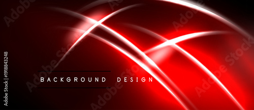 Abstract red design features glowing lines, curves, dynamic shapes. Dark background enhances vibrant illumination, modern aesthetic.