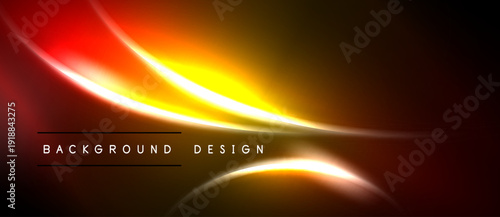Abstract neon lines create dynamic glow. Bright orange, yellow hues dominate dark background. Modern design element.