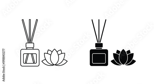 Collection of line and solid icon representations depicting a reed diffuser bottle paired with an elegant lotus flower symbol emphasizing home fragrance and relaxation.