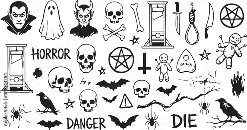Horror elements with skulls, ghosts, vampires, and voodoo dolls, spooky collection