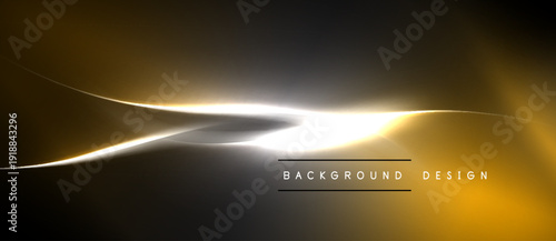 Abstract golden lines flow across dark background. Bright central glow creates dynamic visual effect. Minimalist design, modern aesthetic.