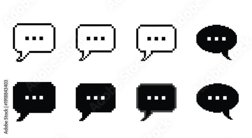 Collection of pixel art speech bubble icons displaying ellipsis dots variation in outline and solid black styles for retro digital communication graphics
