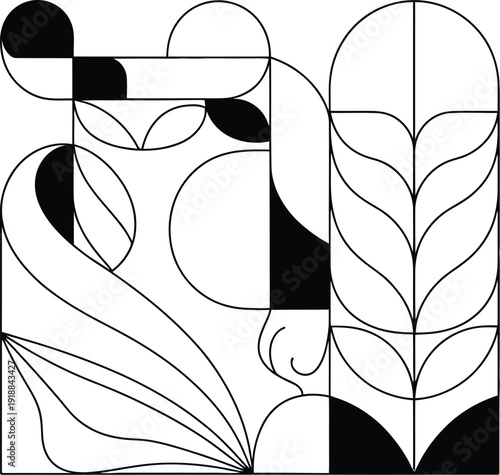 Abstract Geometric Shapes and Organic Forms in Black and White Vector Art