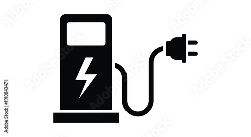 Simple black and white icon illustrating an electric vehicle charging station pump with a lightning bolt symbol and an attached power plug ready for use.