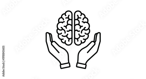 Outline icon depicting two cupped hands carefully supporting and protecting a stylized human brain symbolizing mental wellness and cognitive care concepts.