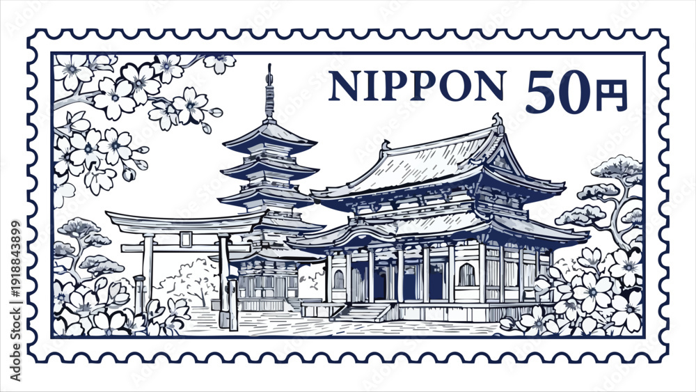Obraz premium Japanese postage stamp design with nippon text pagoda temple and cherry blossoms in blue ink style