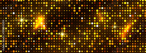 Gold disco mosaic with star flares. Sequin dots in yellow, orange, brown shades. Shimmering halftone grid on dark backdrop. Party poster, nightclub flyer, dance event. Vector texture.