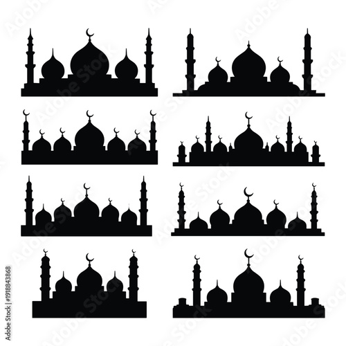 Silhouettes of various islamic architecture and symbols in a grid layout isolated on white background, Vector