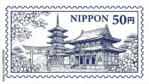 Japanese postage stamp design with nippon text pagoda temple and cherry blossoms in blue ink style