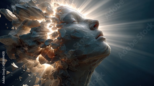 Surreal Stone Head Sculpture with Radiant Light Emerging and Fragmented Texture