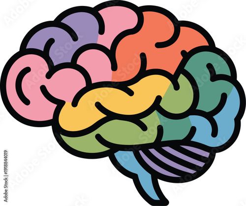 Colorful Human Brain Lobes Vector Illustration with Detailed Gyri and Sulci for Medical Concepts