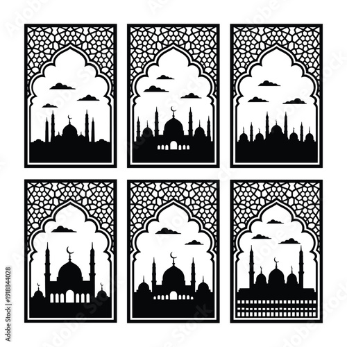 Intricate black and white illustrations of various architectural landmarks isolated on white background, Vector