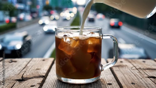 Milk being poured into a glass of iced coffee set on a wooden surface with a blurred street with cars in the background