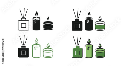 Collection of various scented reed diffuser bottles and lit candles presented in four distinct icon styles for home fragrance design