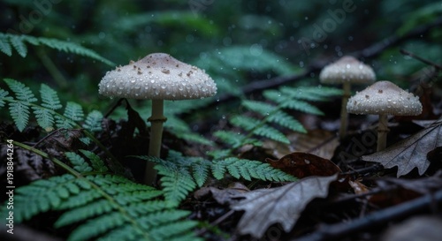 Fungi trio in ferny undergrowth, damp and serene