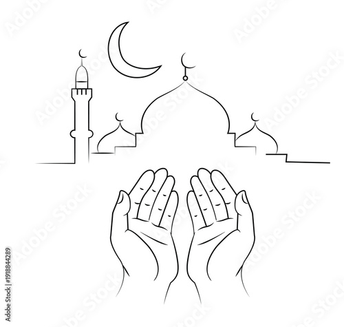 Ramadan mubarak islamic crescent moon and praying hands mosque illustration
