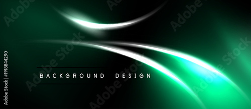 Abstract green background features flowing lines, bright highlights. Modern design evokes energy, movement, sophistication. Dark shades dominate.